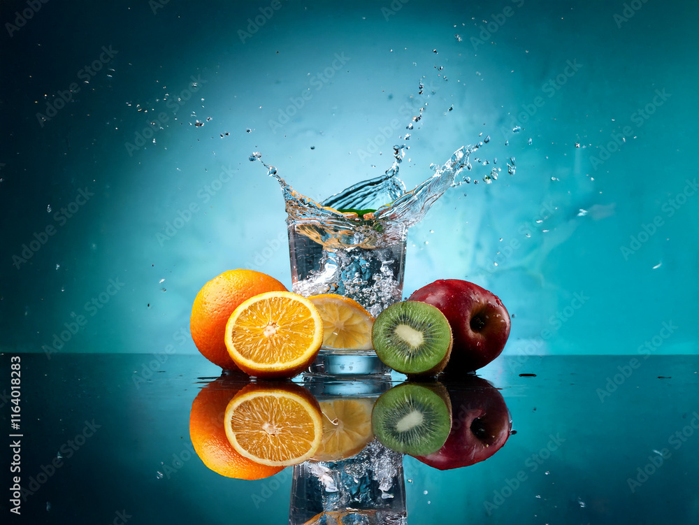 Poster refreshing image of fruit-infused water splashing in a glass, with vibrant citrus and other fruits. 