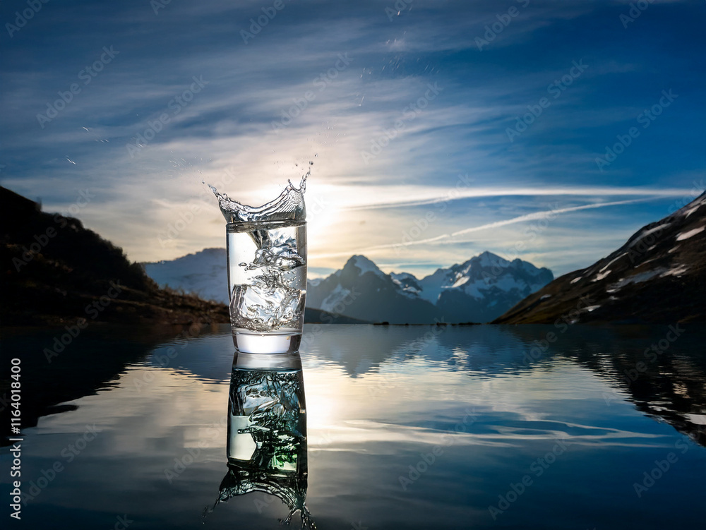 Poster a glass of ice water sits by a pristine mountain lake at sunrise, its reflection mirrored perfectly 