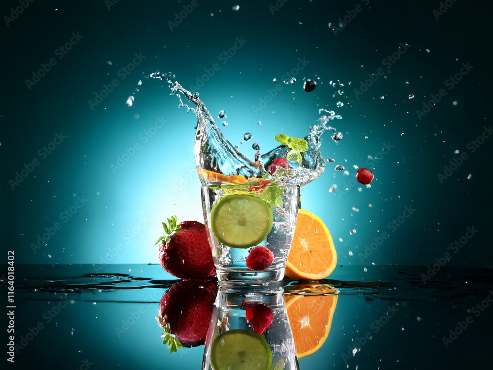 Poster refreshing fruit infused water splashing in a glass, creating a vibrant, dynamic scene. the colorful