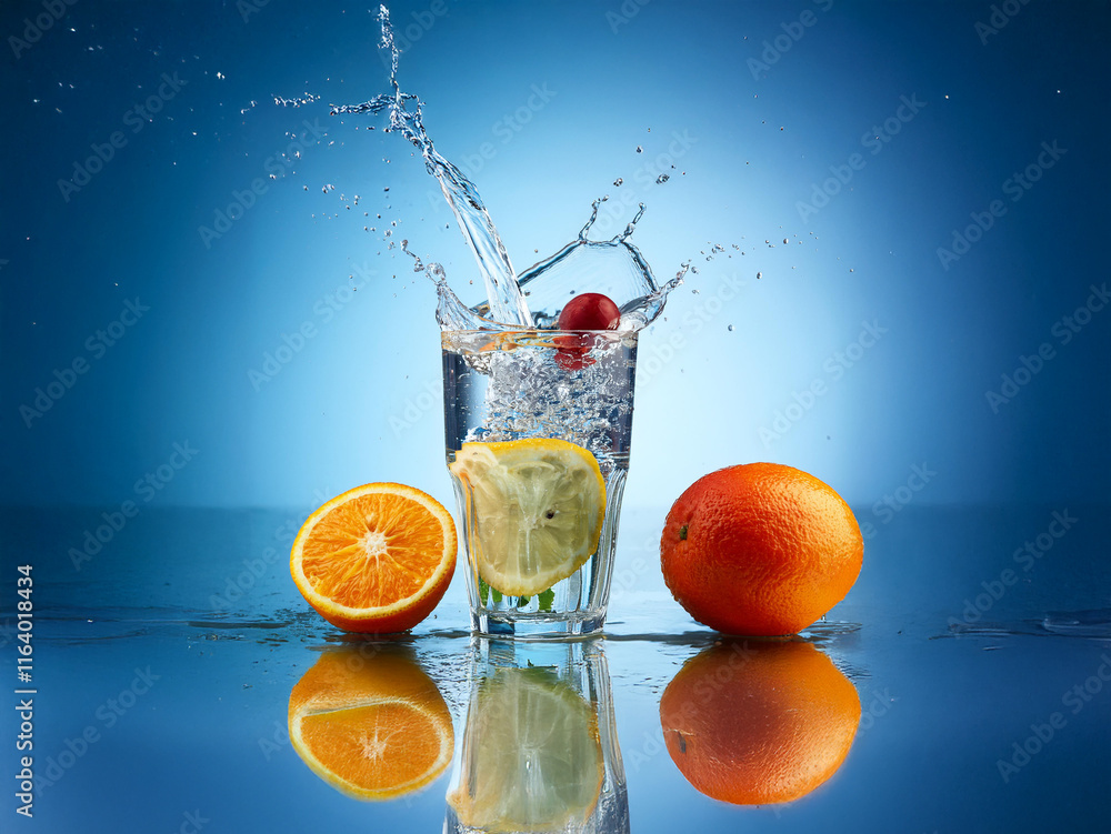 Poster refreshing fruit-infused water splashing into a glass, creating a dynamic display against a vibrant 