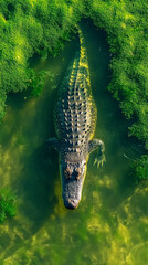 Aerial view of a crocodile swimming in green algae-covered water, highlighting wildlife, predators, and natural habitats