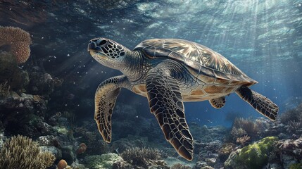 Obraz premium Serene Turtle Gliding Through Coral Reef Environment