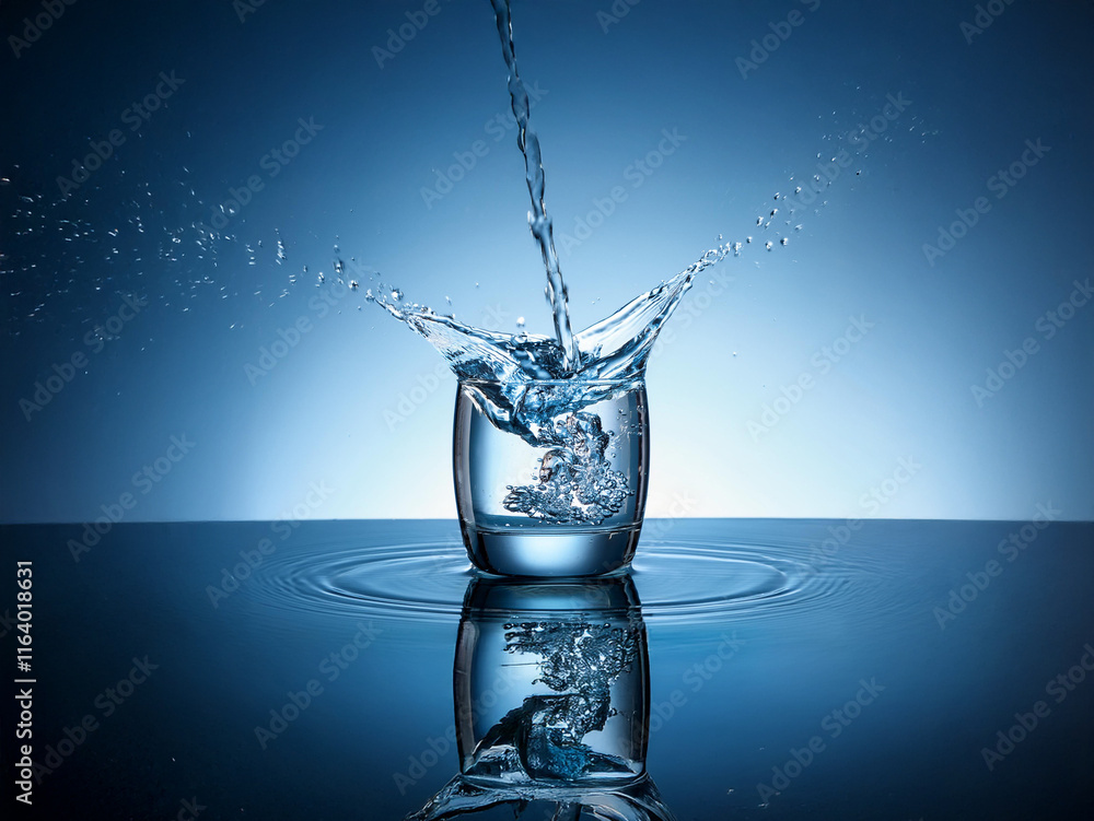 Aufkleber water pours into a glass, creating a dramatic splash and ripple effect on a reflective surface. the 