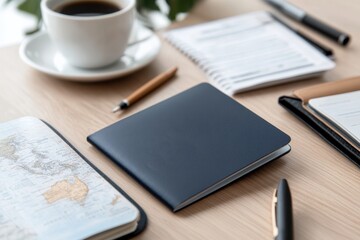A neatly arranged workspace featuring a coffee cup, a stylish notebook, and writing instruments, creating a perfect environment for productivity and creativity.