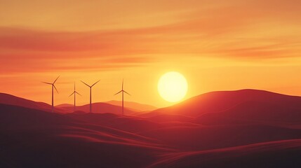Wind turbines silhouetted against a vibrant sunset over rolling hills.