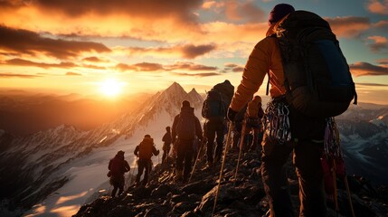 A group of climbers is silhouetted against the dazzling sunrise as they ascend a snow-covered mountain peak, showcasing determination and the allure of adventure in nature's beauty.