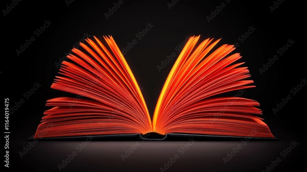 Poster vibrant open book with dynamic pages against dark background