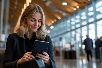 Fototapeta premium A professional woman engaged with a digital device in a contemporary environment, showcasing the blend of technology and modern work culture in everyday life.