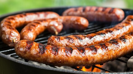 Fototapeta premium Grilled Sausages on Barbecue Grill with Smoky Flames and Charred Texture
