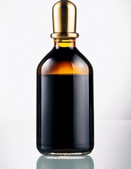Dark liquid in elegant bottle with gold cap.