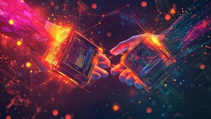Two interlinked digital icons performing an electronic handshake, with vibrant digital connections and glowing data nodes in the background