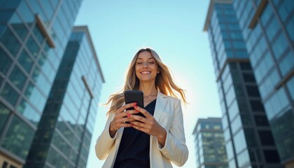 Fototapeta premium Businesswoman Smiling and Using Smartphone in Urban Setting