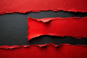 Red Torn Paper Sheets: Ripped Edges & Pieces Isolated on Black Background - Stock Photo