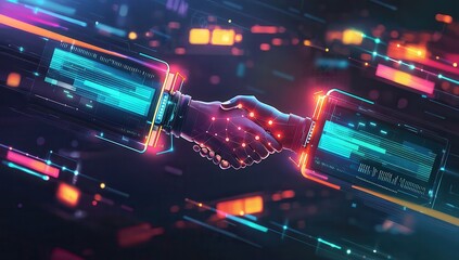 Two interlinked digital icons performing an electronic handshake, with vibrant digital connections and glowing data nodes in the background