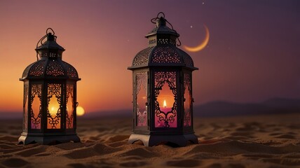 Ramadan Serenity: Lantern and Crescent at Sunset