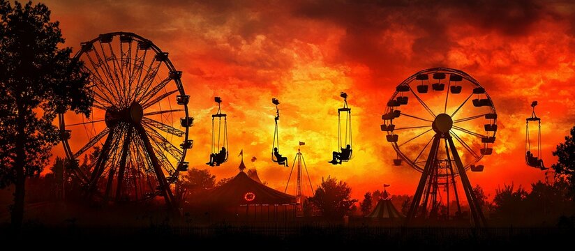 Abandoned carnival at sunset.