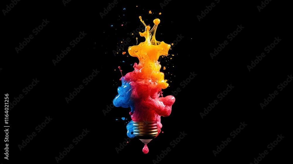 Poster creative light bulb explodes with colorful dry paint, sparks and splashes on a black background, con