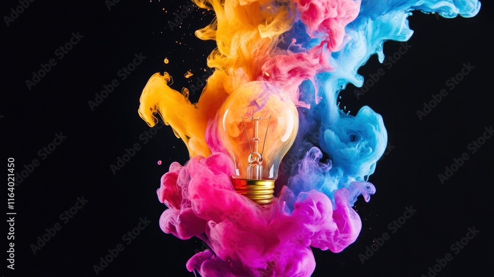 Poster creative light bulb explodes with colorful dry paint, sparks and splashes on a black background, con