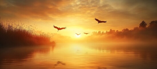 Obraz premium Golden Sunrise over Misty River with Birds Soaring.
