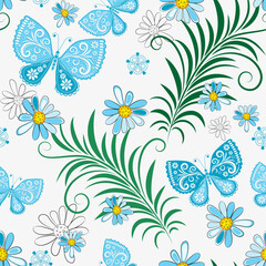 Fototapeta premium Vector seamless hand drawn floral pattern with blue flowers and butterflies on white