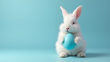 Obraz premium Cute White Bunny Holding Blue Easter Egg on Soft Background
