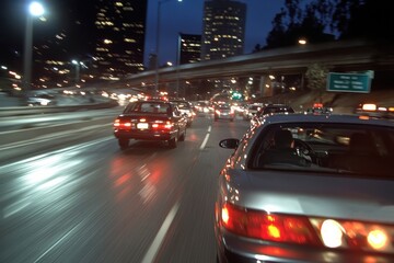 Naklejka premium Cars whiz through a bustling urban highway at night, highlighted by dynamic light trails, representing speed, motion, and the vibrant energy of city life after dark.