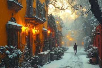 Serene Snowy Morning in Mexico City: A Captivating Scene with Dragon-Embellished Frames Surrounded by Colorful Houses and Soft Snowfall