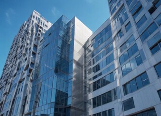 Fototapeta premium Office building with modern architecture against a clear blue sky, urban landscape, modern design