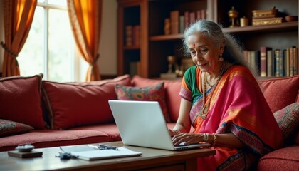 Elderly Woman Using Laptop in Cozy Living Room