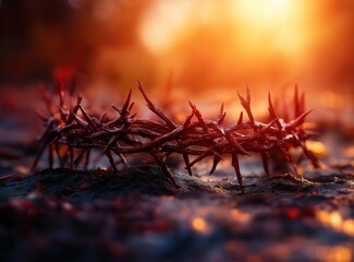 Wreath of Thorns with king crown shadow. Passion and triumph of Jesus. Easter concept, Easter holiday.