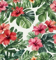 Orchid hibiscus leaf pattern on watercolor paper tropical leaf background,  floral patterns,  natural textures