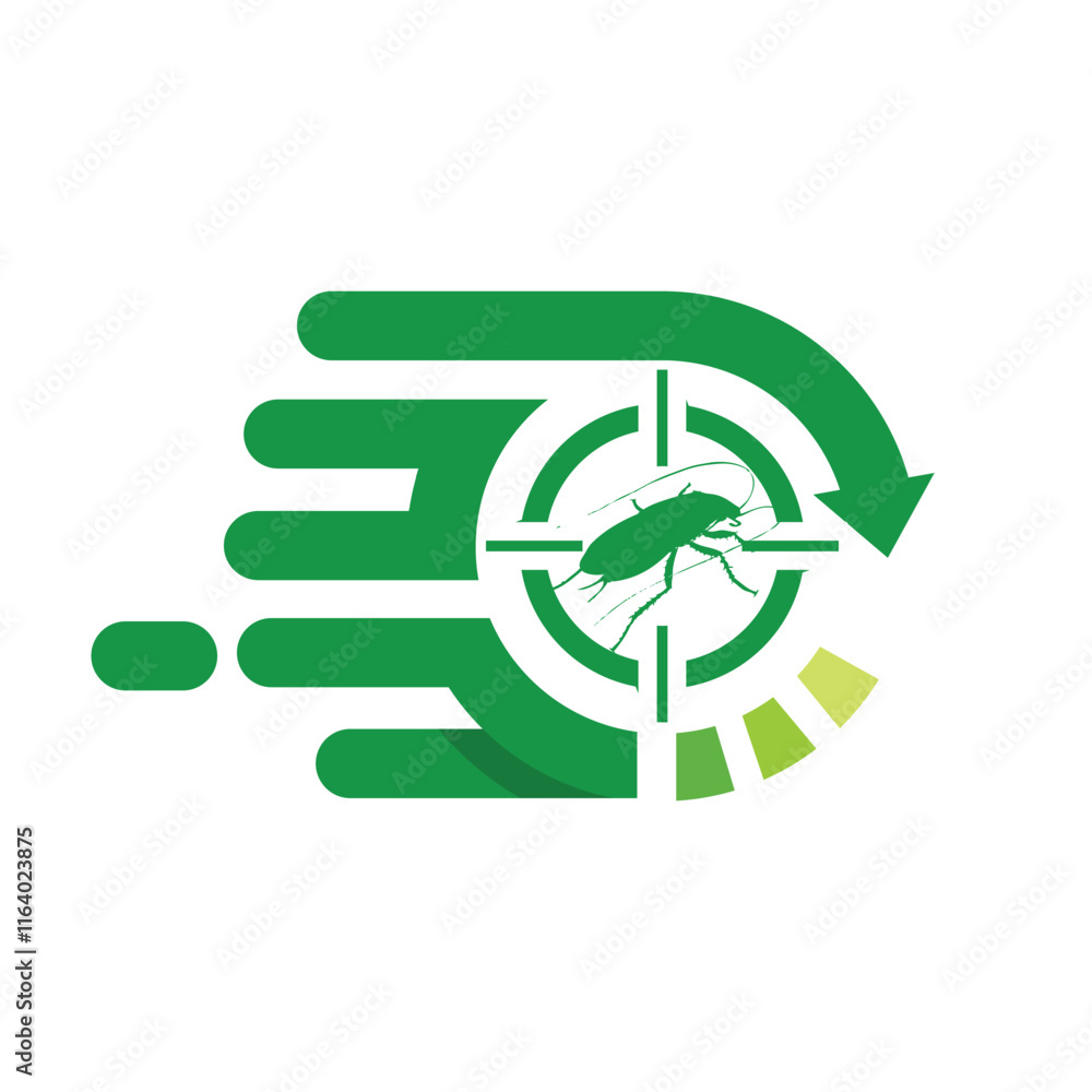 Poster the image shows a flat logo design of a pest exterminator in green color that depicts a bug inside a