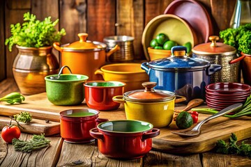 Rustic Kitchen Still Life: Gleaming Pots and Pans on a Wooden Table