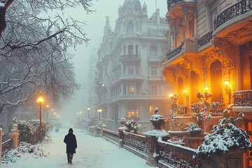 Serene Snowy Morning in Buenos Aires Featuring Elegant Architecture and a Quiet Stroll Through a Dreamy Winter Wonderland