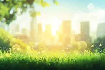 Fototapeta premium Sunny cityscape backdrop with lush green grass in the foreground.