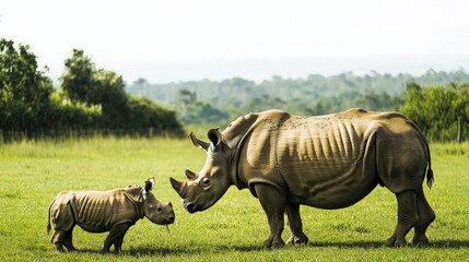 Fototapeta premium Adult and baby rhino in grassy field.