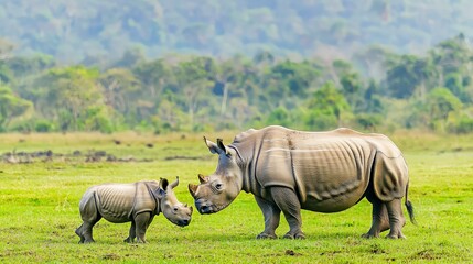 Fototapeta premium Adult and baby rhinoceros in grassy field. (1)