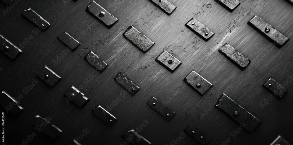 Poster A textured surface featuring metal plates arranged in a systematic pattern.