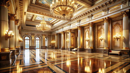 Naklejka premium Luxurious classical assembly hall with ornate chandeliers and reflective floors