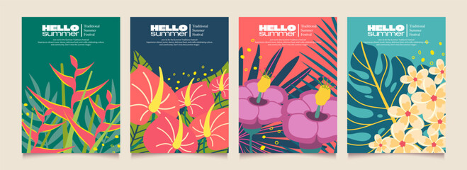 Abstract summer background with tropical leaves and flowers. Modern minimalist templates for poster, card, party, celebration, banner, cover, sale. Vector illustration. © tigadesign