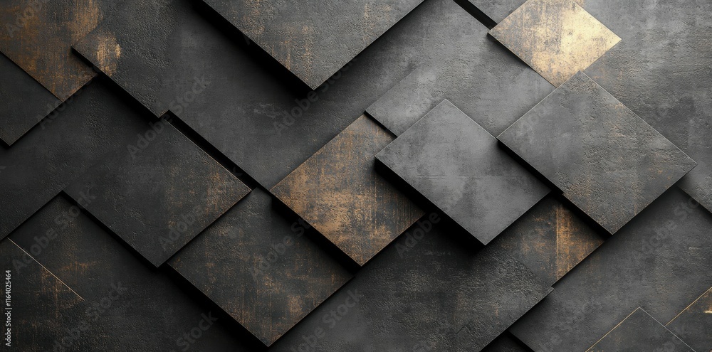 Poster abstract geometric design featuring textured dark and gold panels.