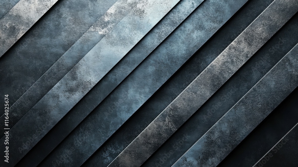 Poster a textured background featuring diagonal metallic strips in shades of blue and gray.