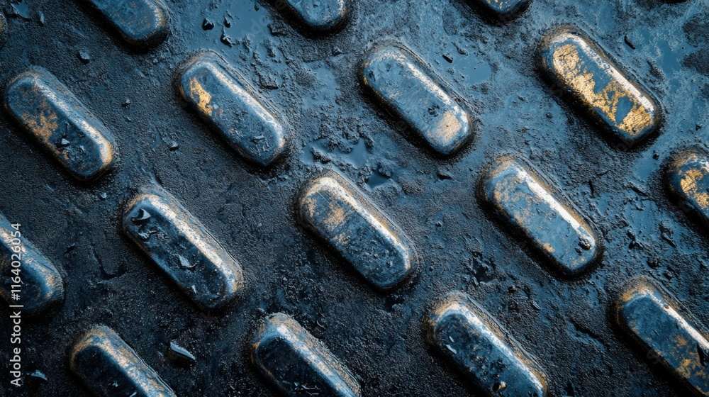 Poster close-up of textured metal surface with raised patterns, likely for traction and safety.