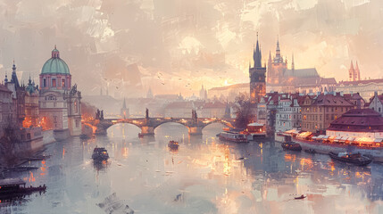 Painting of a city with a bridge and a church.