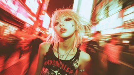Vibrant Tokyo street fashion captured in motion at Shibuya station with a punk pop vibe