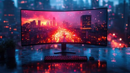 Curved monitor displays vibrant city nightscape; keyboard, mouse.