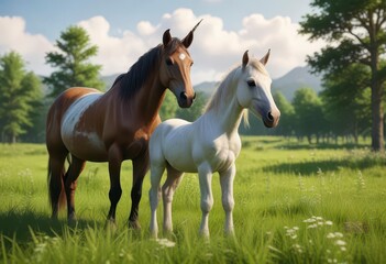 Obraz premium Unicorn Mare and Foal grazing in lush green meadow, nature, grass, unicorn