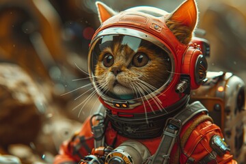 Adventurous feline in detailed space suit exploring rocky alien landscape with vibrant colors and cosmic ambiancecat astronaut