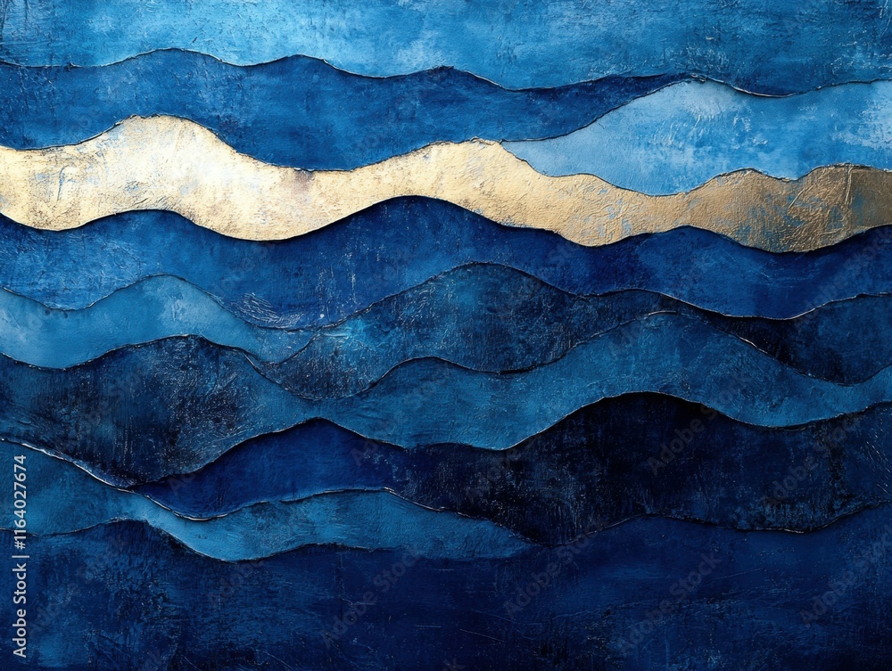 Poster abstract artwork featuring wavy blue patterns with a gold accent, evoking a sense of calm.