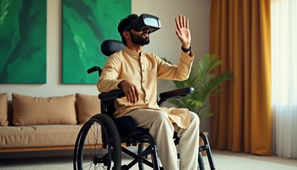 Man Using Virtual Reality Headset in Wheelchair at Home
